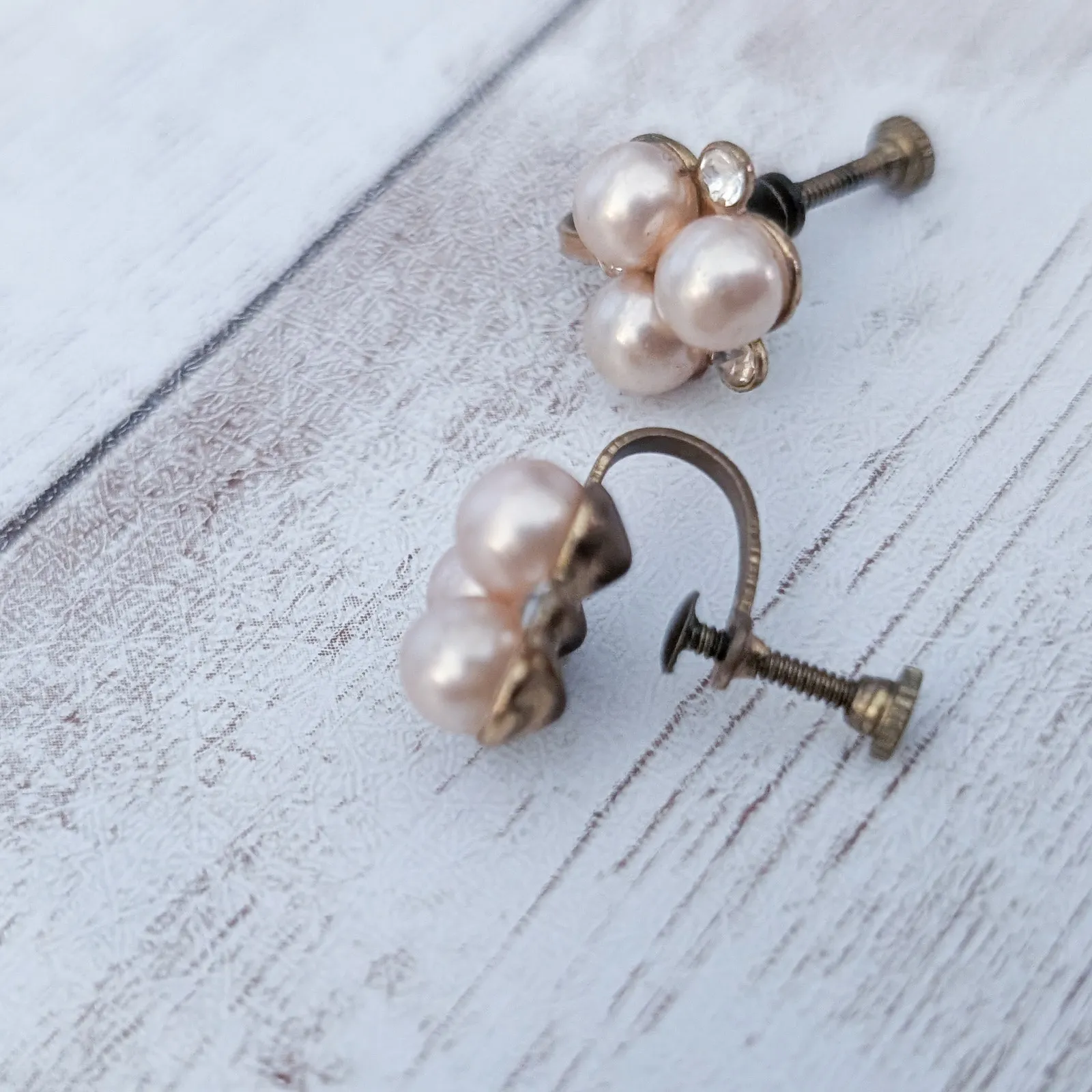 Vintage Screw Back Earrings Dainty Faux Pearl & Clear Gem Trio 0.5" - Image 7