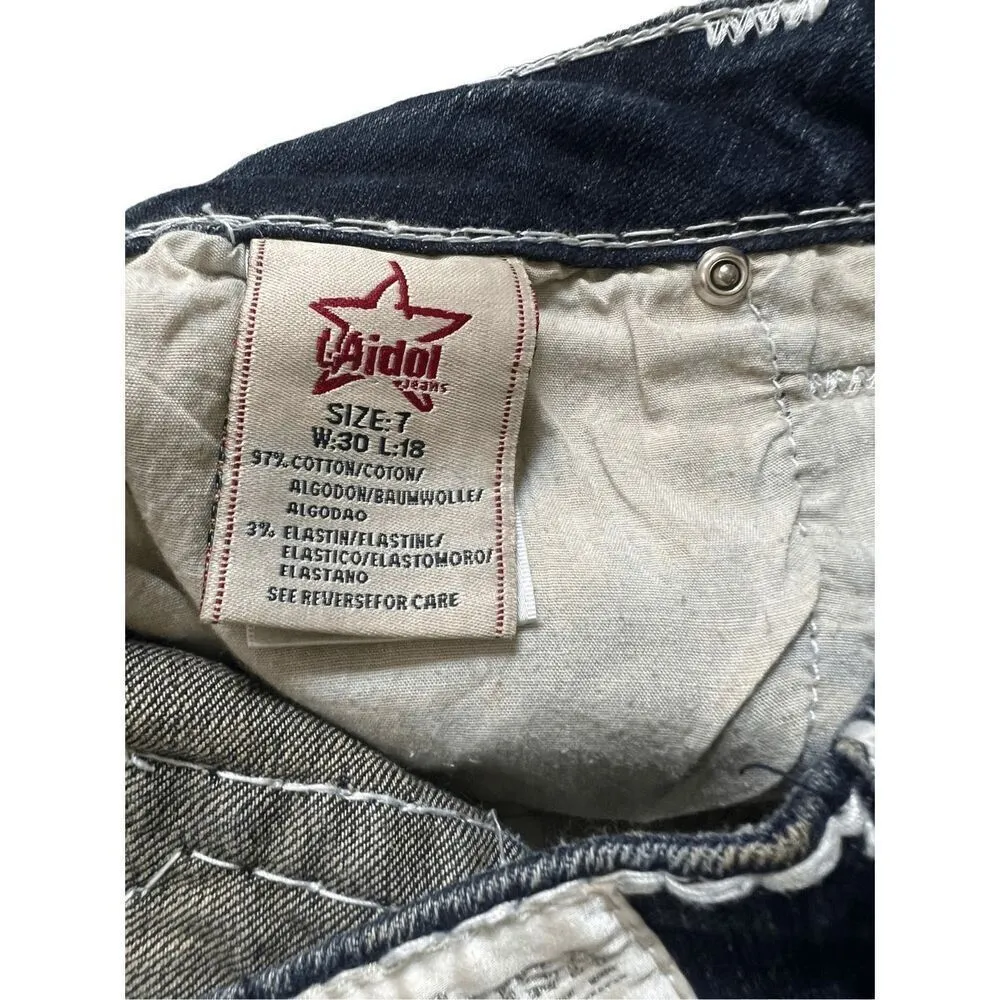 L.A. Idol Rhinestone Flap Pocket Capri Jeans Thick Stitch Size 7 made in USA Blue - Image 9