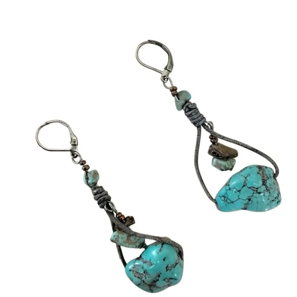 Chunky Turquoise Nugget & Tiger’s Eye Earrings – Rustic Leather Boho Dangles - Image 2
