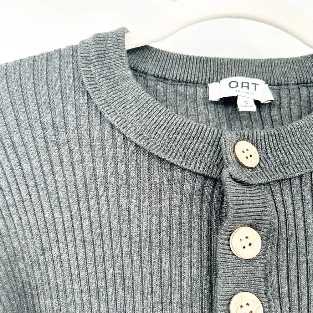 Oat Womens Fall Drop Shoulder Wide Sleeve Ribbed Knit Henley Sweater Size S Gray - Image 3