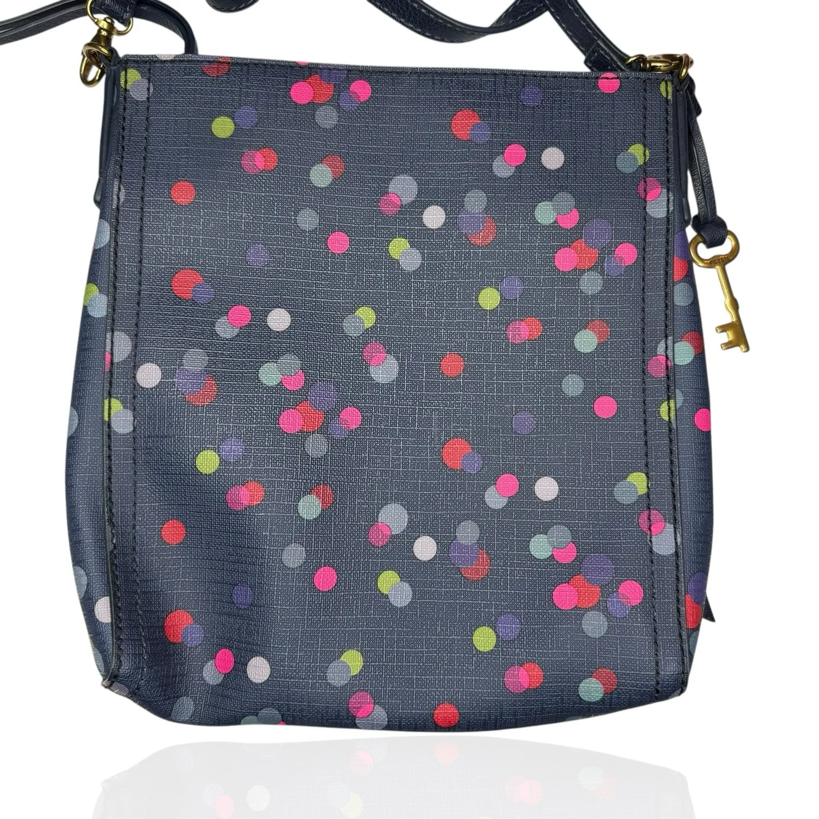 New Fossil Coated Canvas Blue Multicolor‎ Confetti Polka Dot Crossbody Purse Bag - Image 4