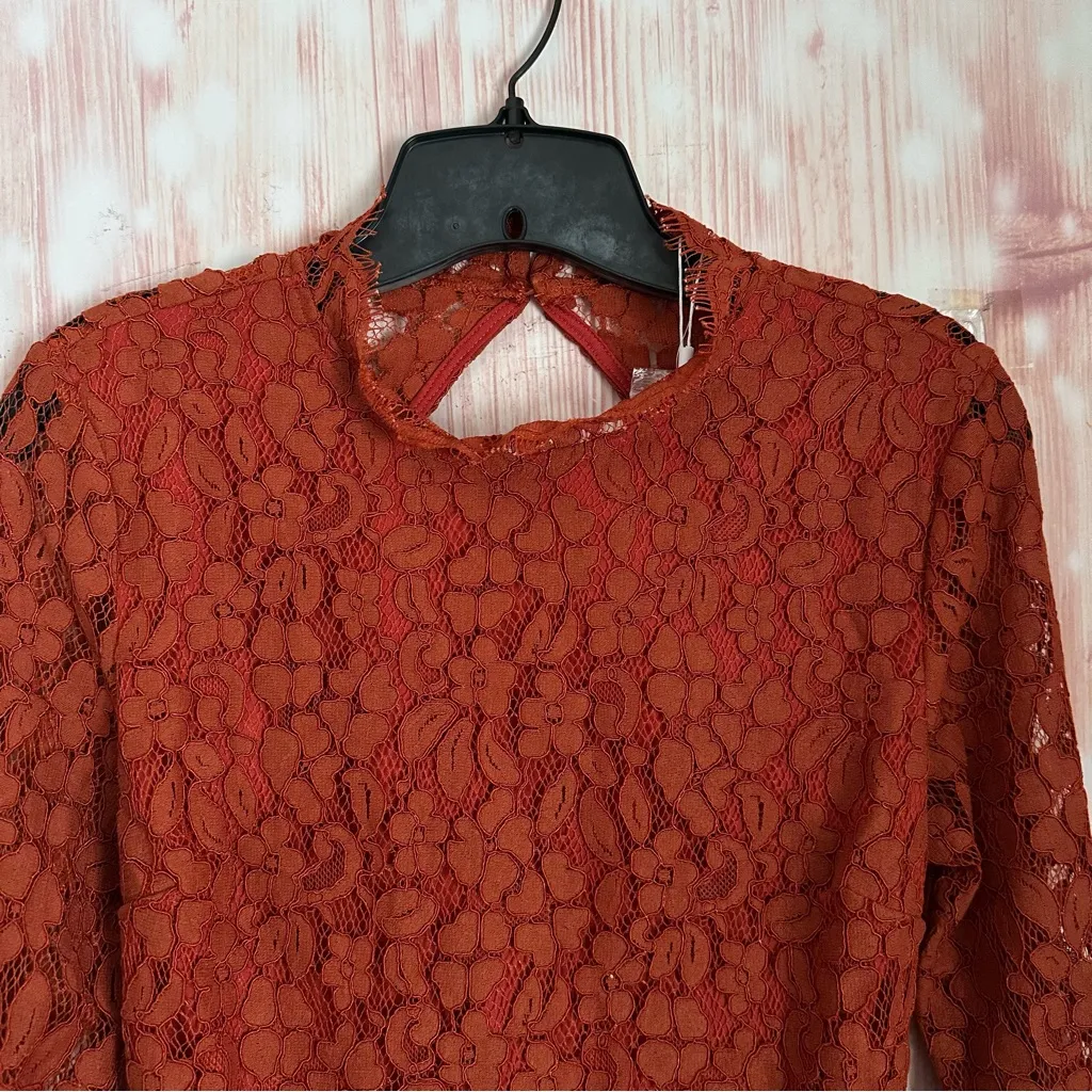 Endless Rose Rust Brown Lace Open Back Flare Sleeve Bodysuit Size XS - Image 4