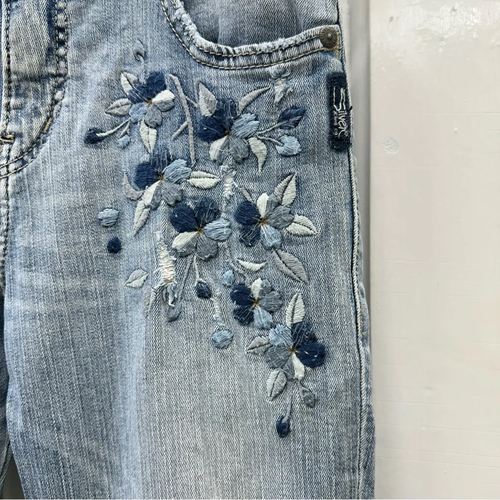 Silver Izzy ankle skinny distressed denim embroidered floral jeans women's 27 - Image 5