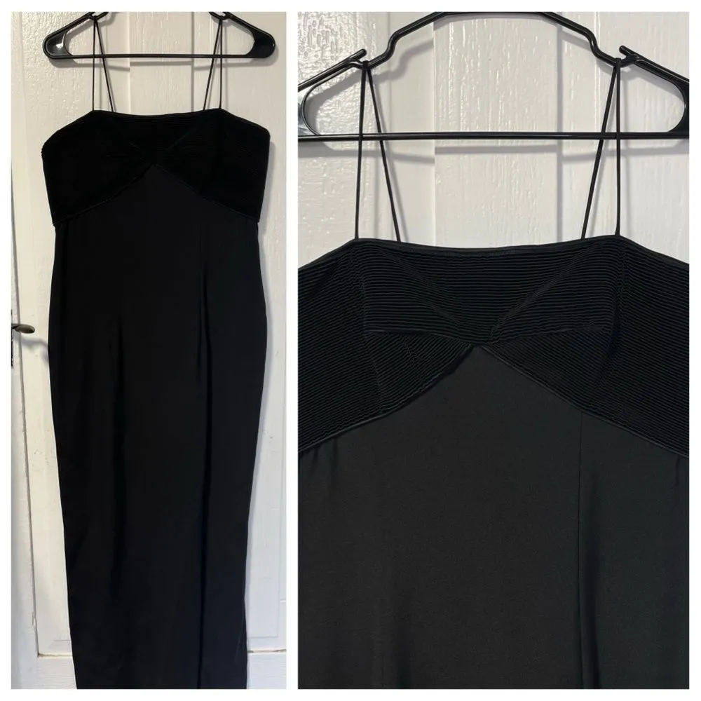 Vintage Silk Black bodycon midi slip dress with bodice ruching and back slit M Size 10 - Image 2