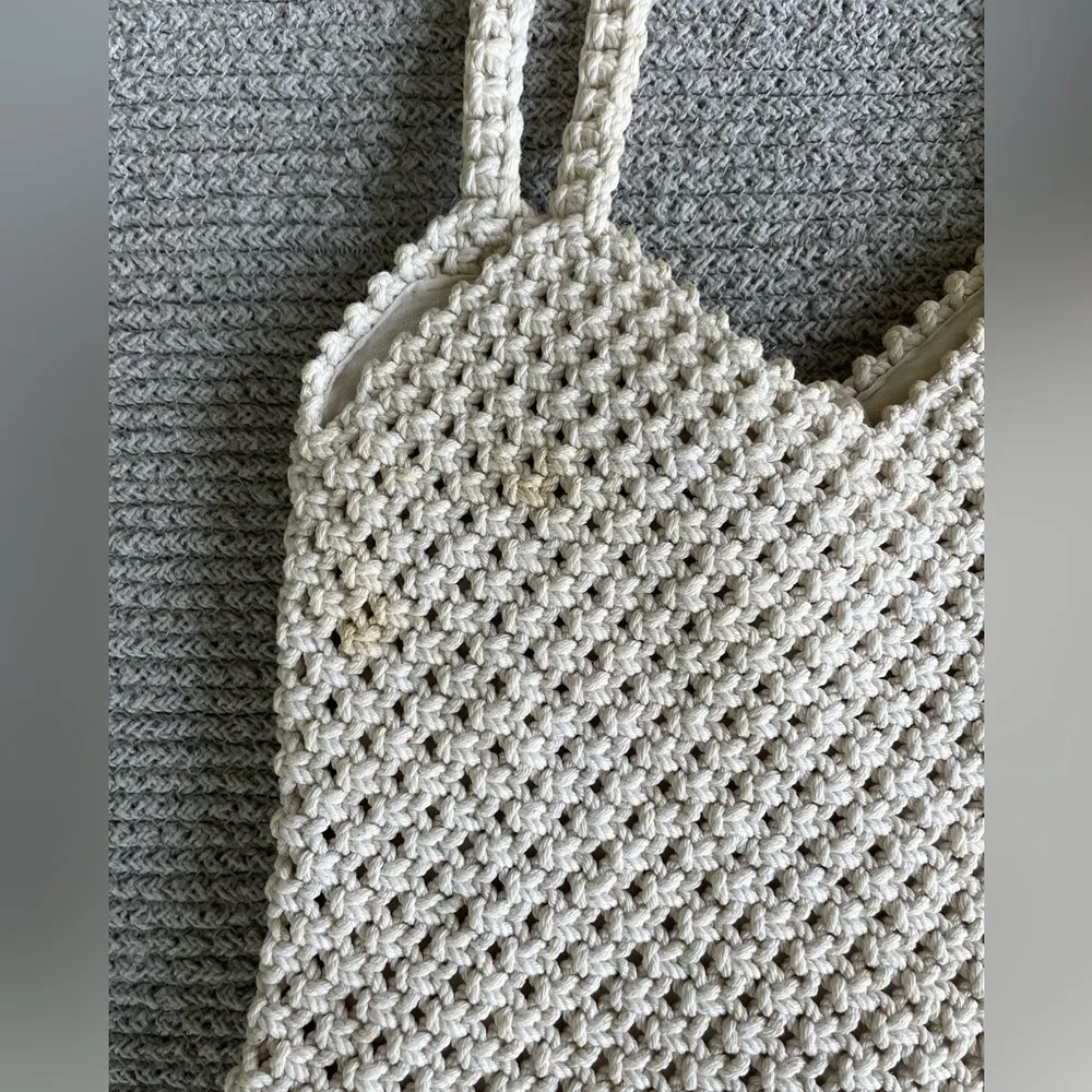 Vintage Ivory Crochet Wood Bead Detail Woven Cotton Lined Satchel Purse Handmade Tan - Image 7