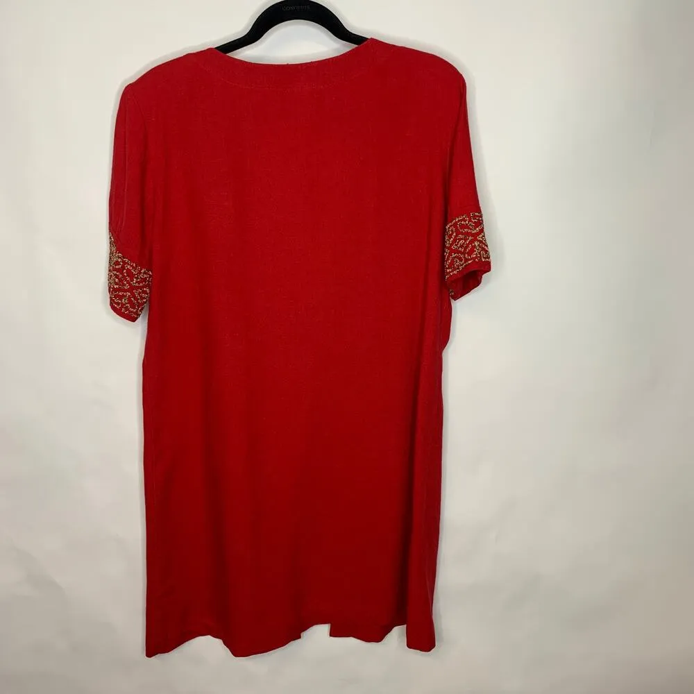 Carole Little Red Dress Jacket Flax Rayon Tencel Sz 14 Beaded Sleeves - Image 5
