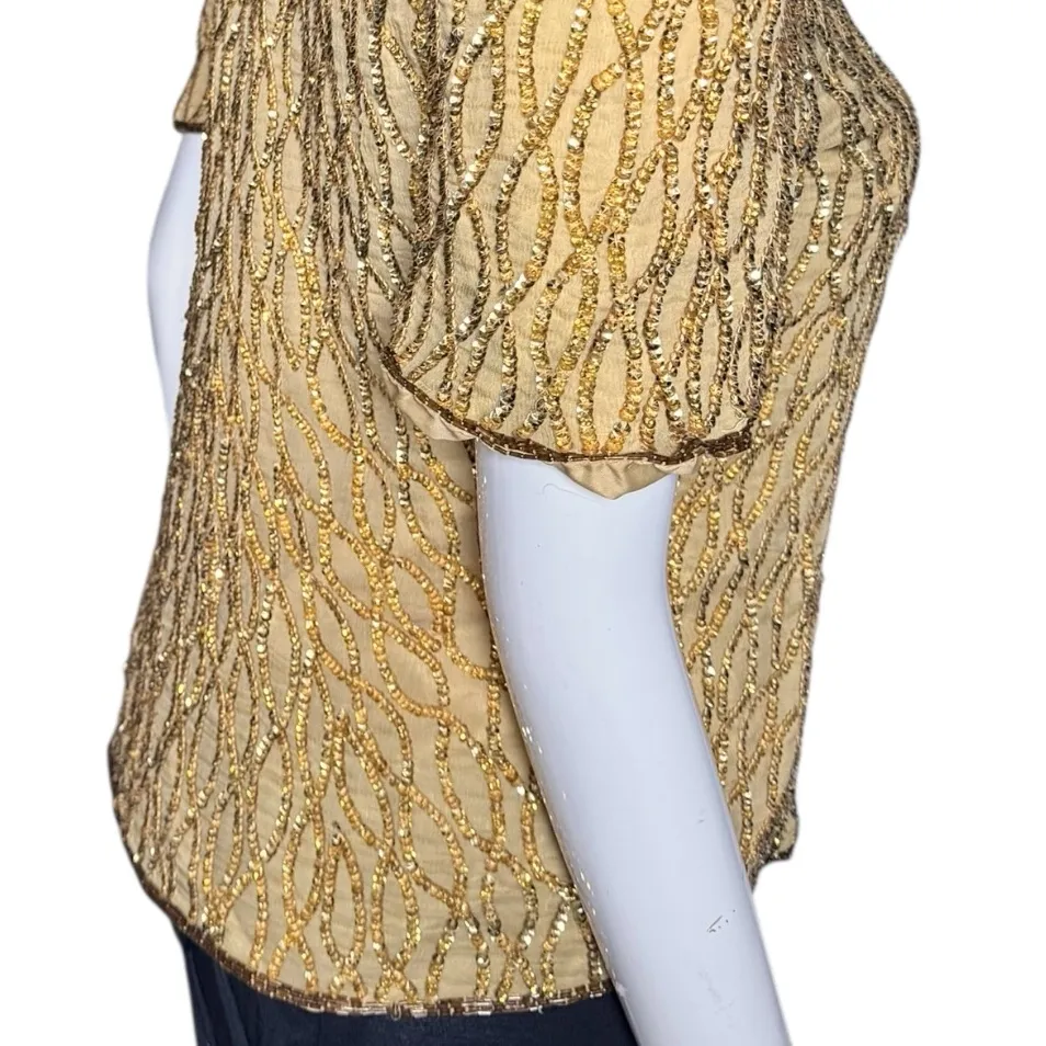 Vintage‎ Lawrence Kazar silk Gold Sequin Women's Top Large (8) - Image 6
