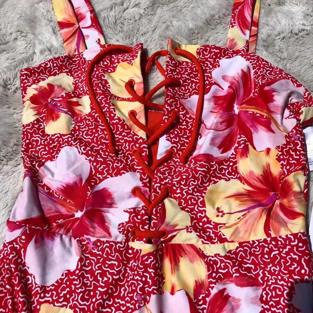 Onia Floral One Piece Swimsuit Hibiscus Flowers Tie Front L - Image 3