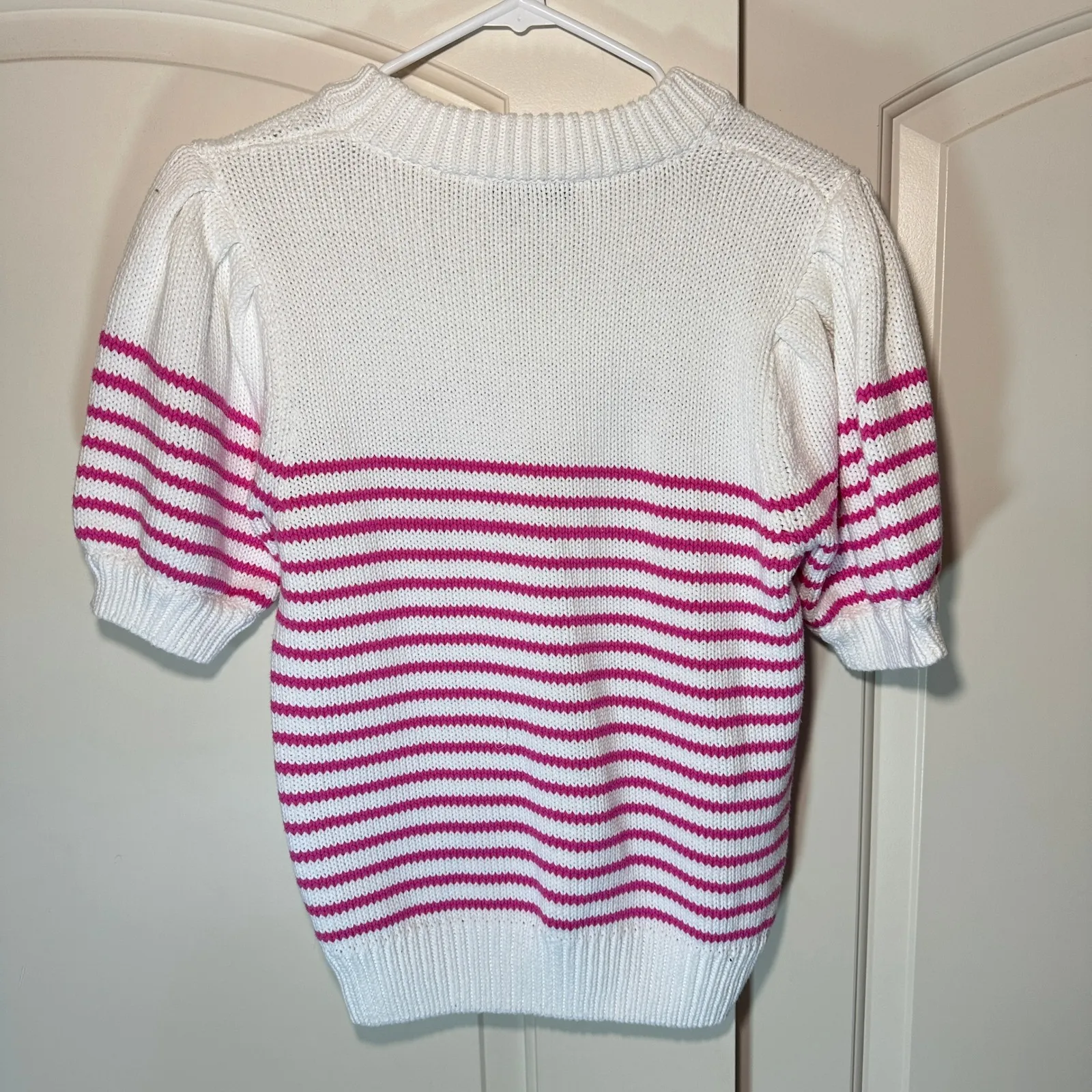 English Factory Striped Puff Sleeve‎ Sweater Short Sleeve Womens M White Pink - Image 5