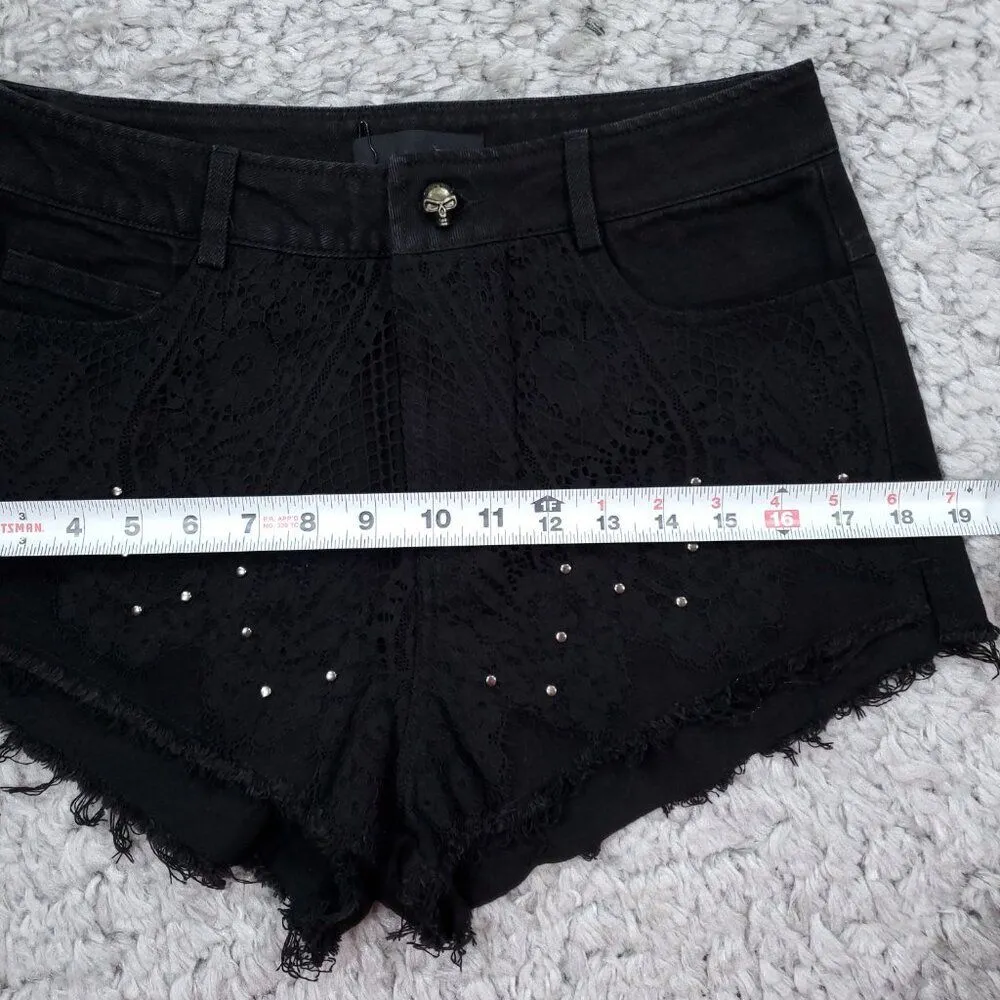 READ Punk Rave Studded Lace Overlay Black High Rise Denim Jean Shorts Cutoff Size undefined - Image 9