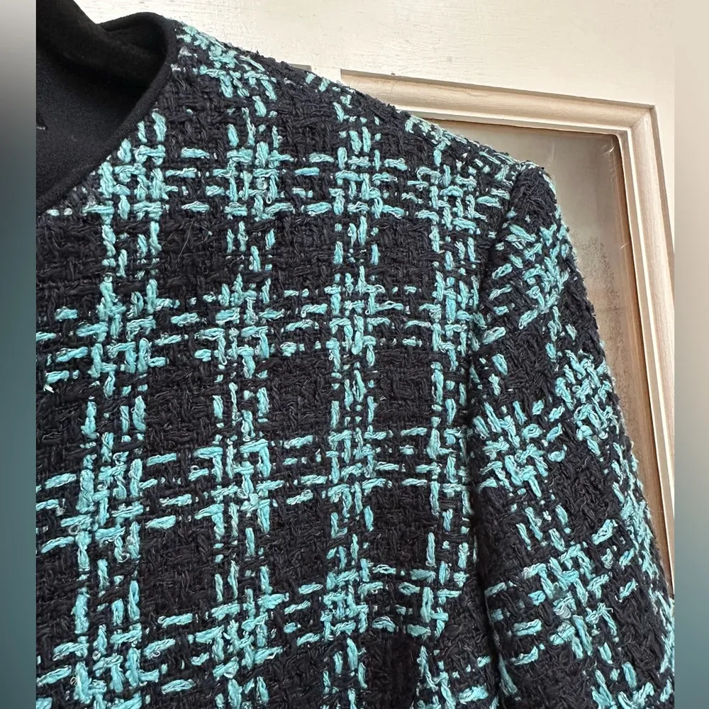 Kasper & Company Blue Black Jacket Chunky Knit Houndstooth Tweed Silk Size 8 Med - Image 2