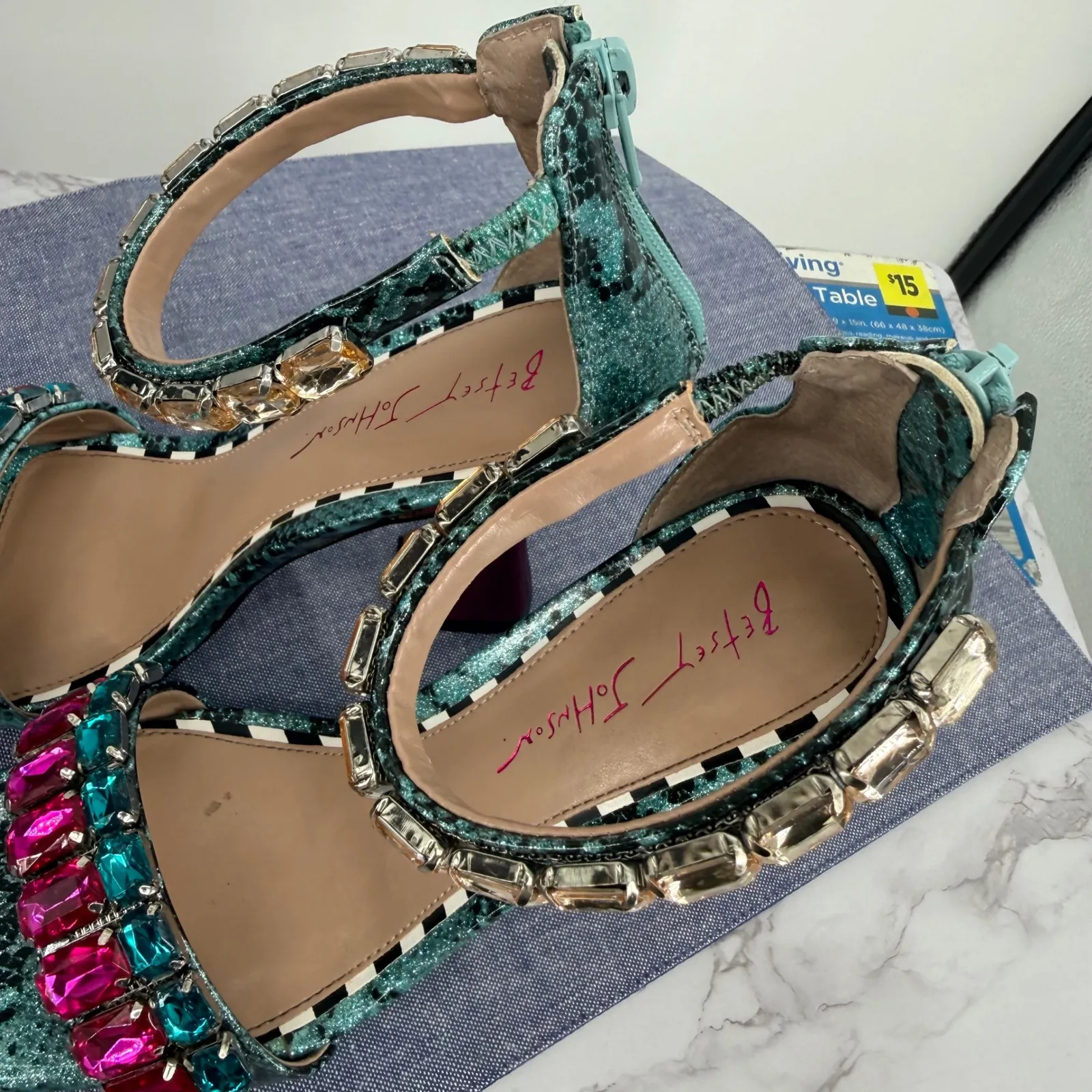 Betsy Johnson Emani 8M Rhinestone Snake Print Heels Square Toe Ankle Strap Prom - Image 8