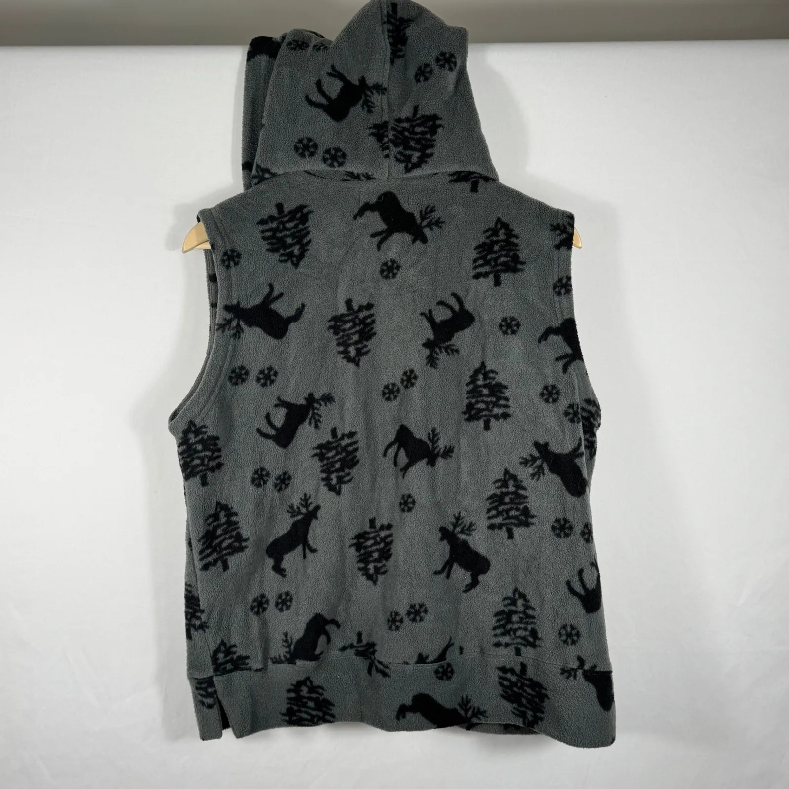 LAVON Gray Fleece Hooded Vest Moose Christmas Tree Print Size L - Image 5