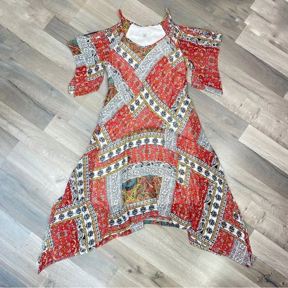 Signature Robbie Bee Patchwork Print Cold Shoulder Midi Dress Red Multi 6 - Image 12