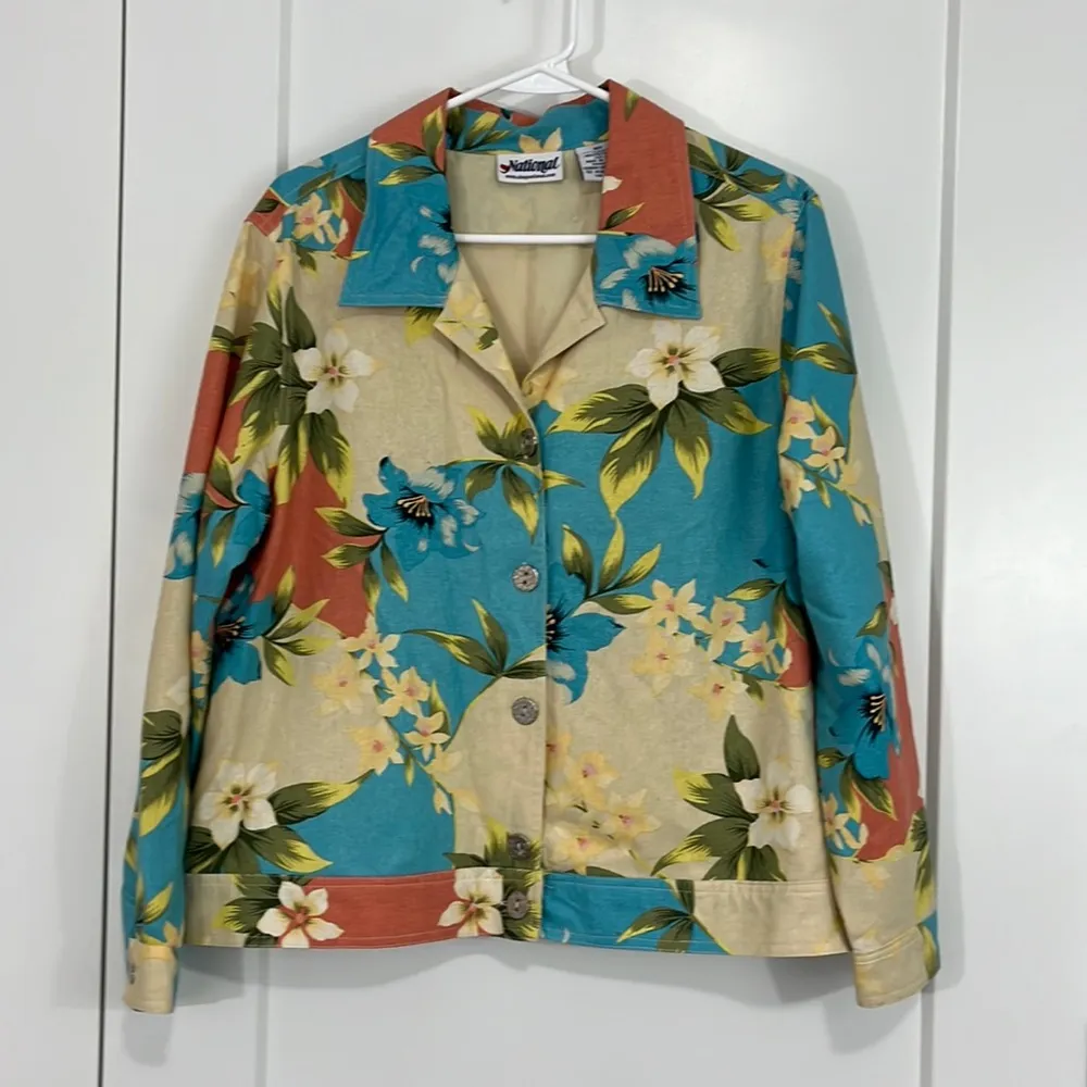 Vintage National Large Silk Floral Button Down Collared Shirt Jacket Blue - Image 2