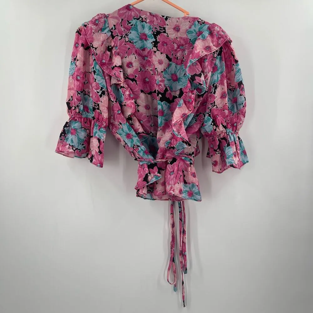 WAYF Blouse Size Small Wrap Floral Pink Puff Sleeve Ruffle Crop Romantic Ties - Image 5