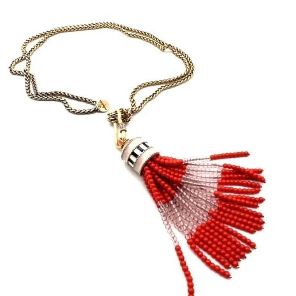 Stella & Dot Retired Coral Red Gold Beaded‎ Brio Tassel Necklace Long - Image 7
