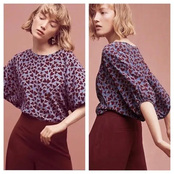 Anthropologie Maeve Silk Heart Blouse Small Dolman Sleeve Blue Red Lightweight - Image 2