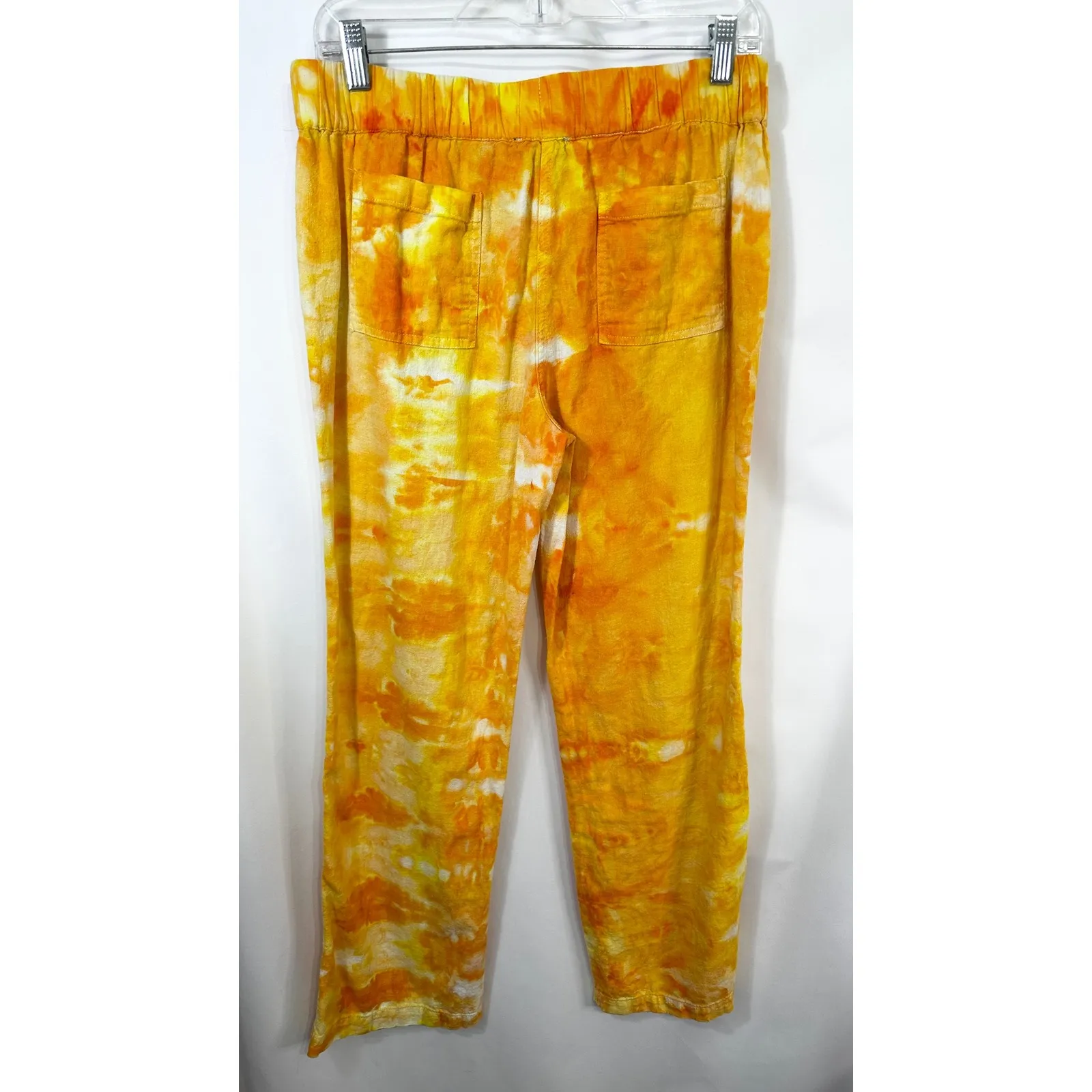 Cynthia Medium Linen Pants Handmade Tie Dye Yellow Orange Lounge Palazzo‎ 1592 - Image 6
