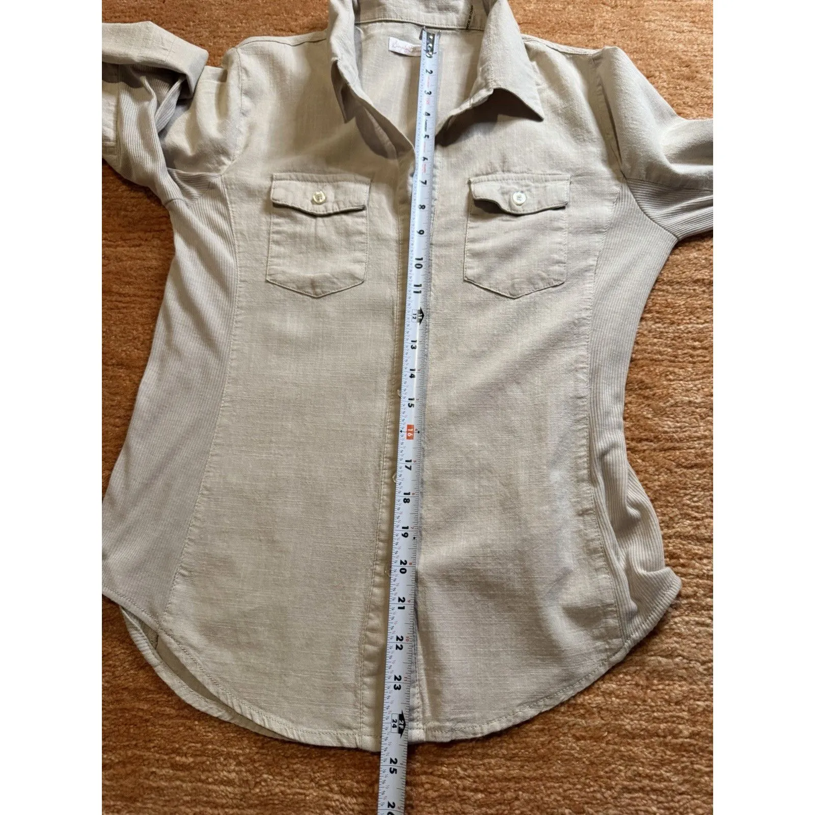 Simply Blessed Button Front Roll Tab Sleeve Fitted Shirt Beige Size M Tan Size M - Image 6