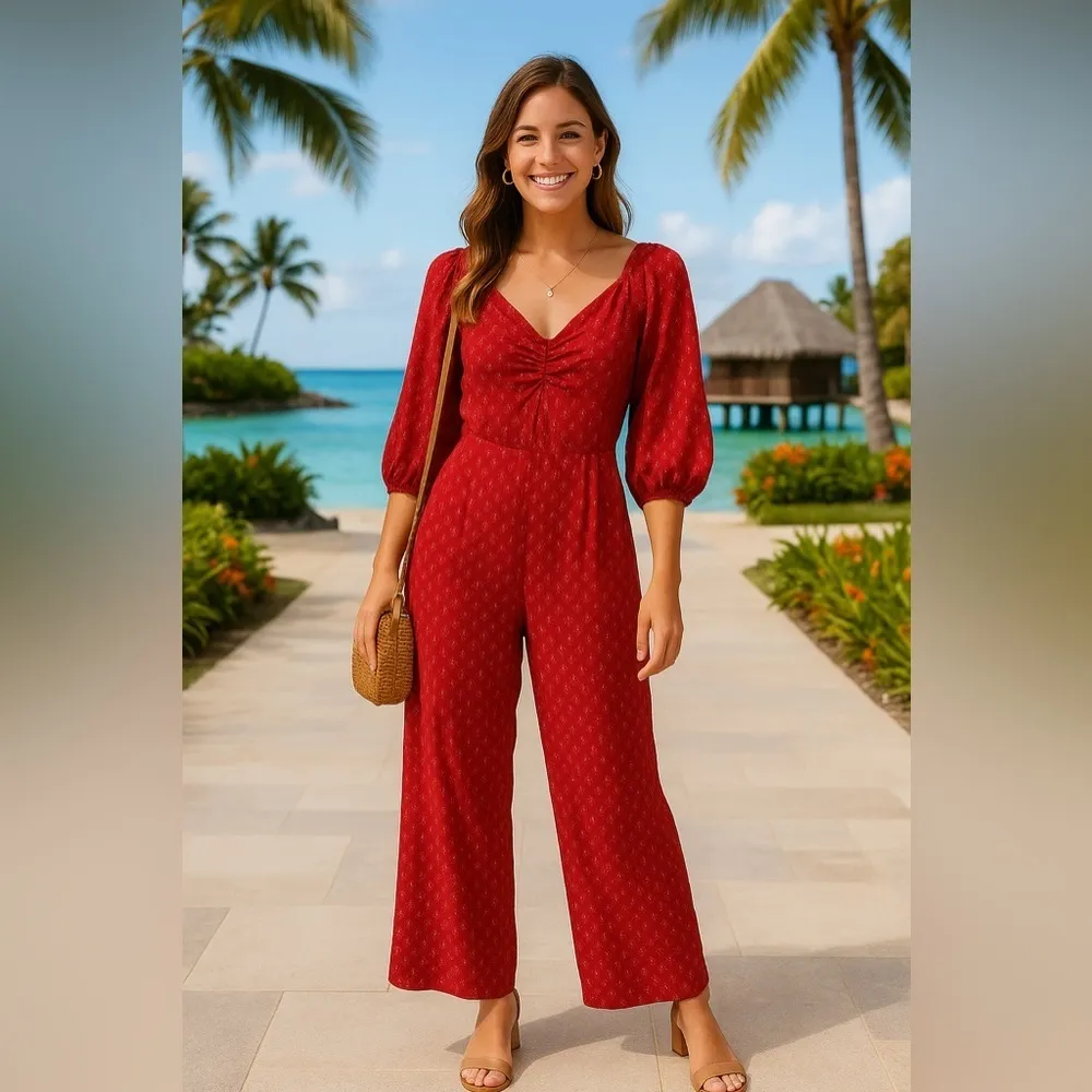 Knox Rose V Neck Romper Valentines Date Night Resort Vaca Smocked Puff Sleeve - Image 2