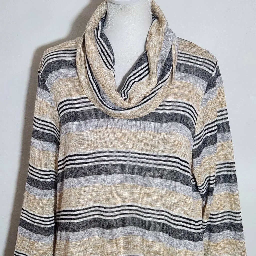 Ruby Rd. Tan and Gray Stripe Cowl Neck Asymmetrical Top Size Petite Large - Image 3