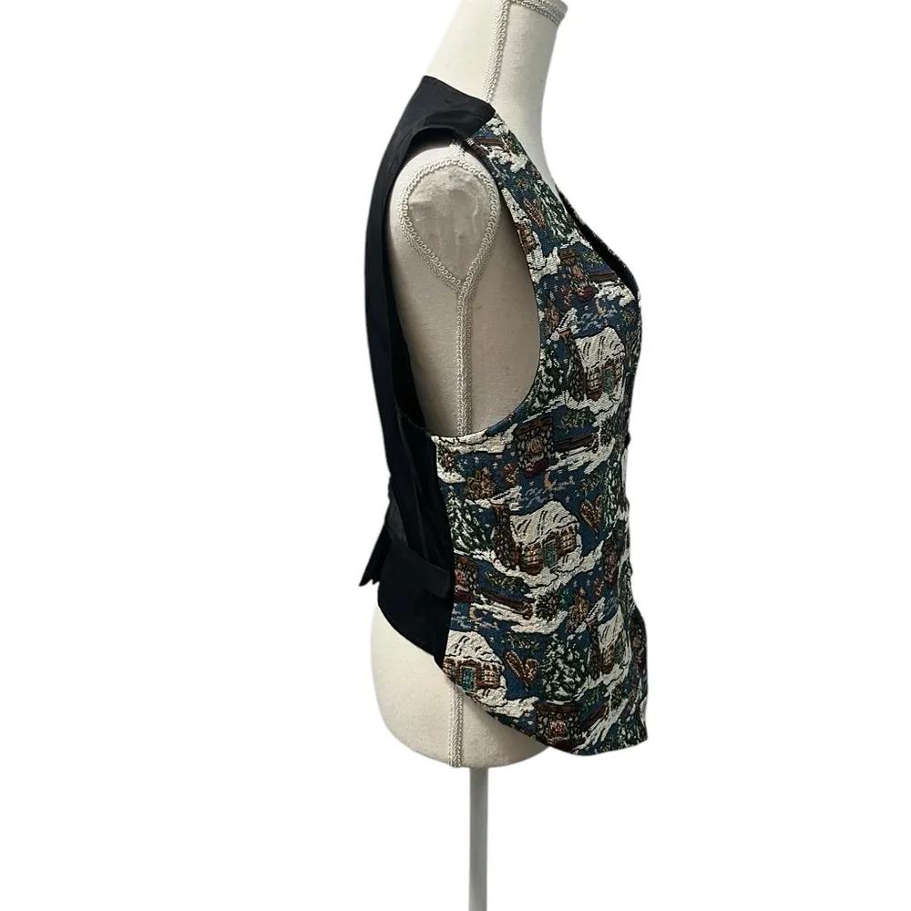 Vintage 90s Bobbie Brooks Winter Holiday Cabin Snow Tapestry Vest - Image 6
