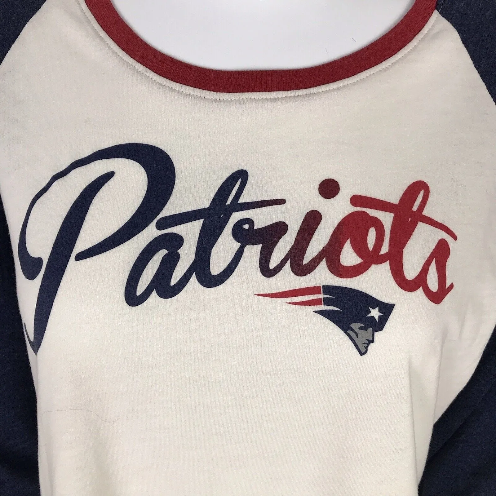 '47 Women's NFL New England Patriots Raglan Shirt Tee Blue Red White Splitter - Image 2