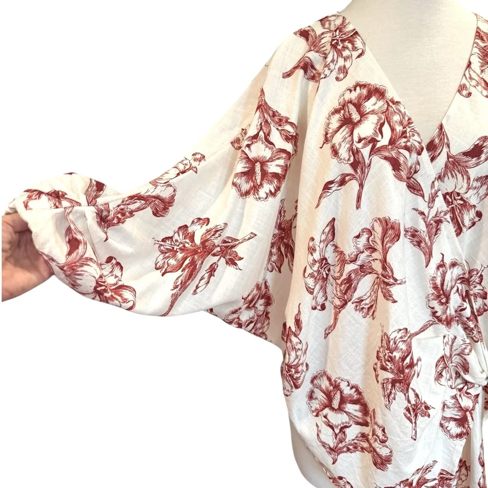 Zara Wrap Kimono Top Linen Blend Red White Toile Floral Print Puff Sleeve Large - Image 6