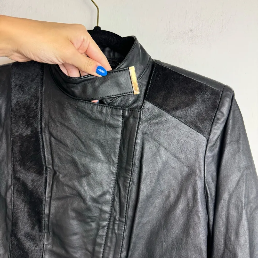 IMAN Genuine Leather Zip Jacket Sz XS Womens Fur Moto Black - Image 3