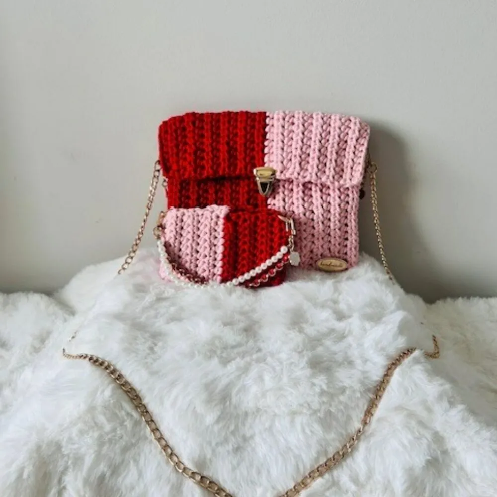 Red and Pink Crochet Bag Set - Image 3