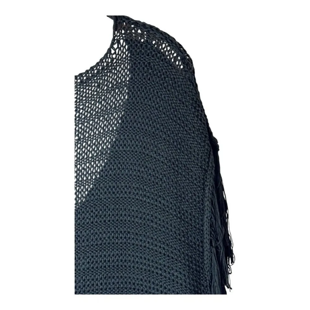 Zara Sweater Women‎ Small Black Open Knit V Back Fringe Sides Short Sleeve Tunic - Image 5