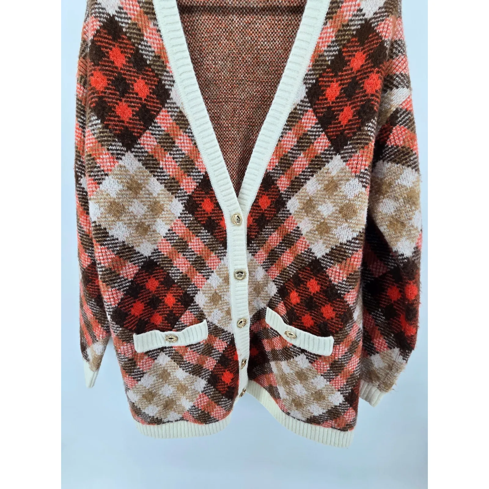 Talbots Plaid Cardigan Sweater Women's Orange Brown Cream Button Front Large - Image 2