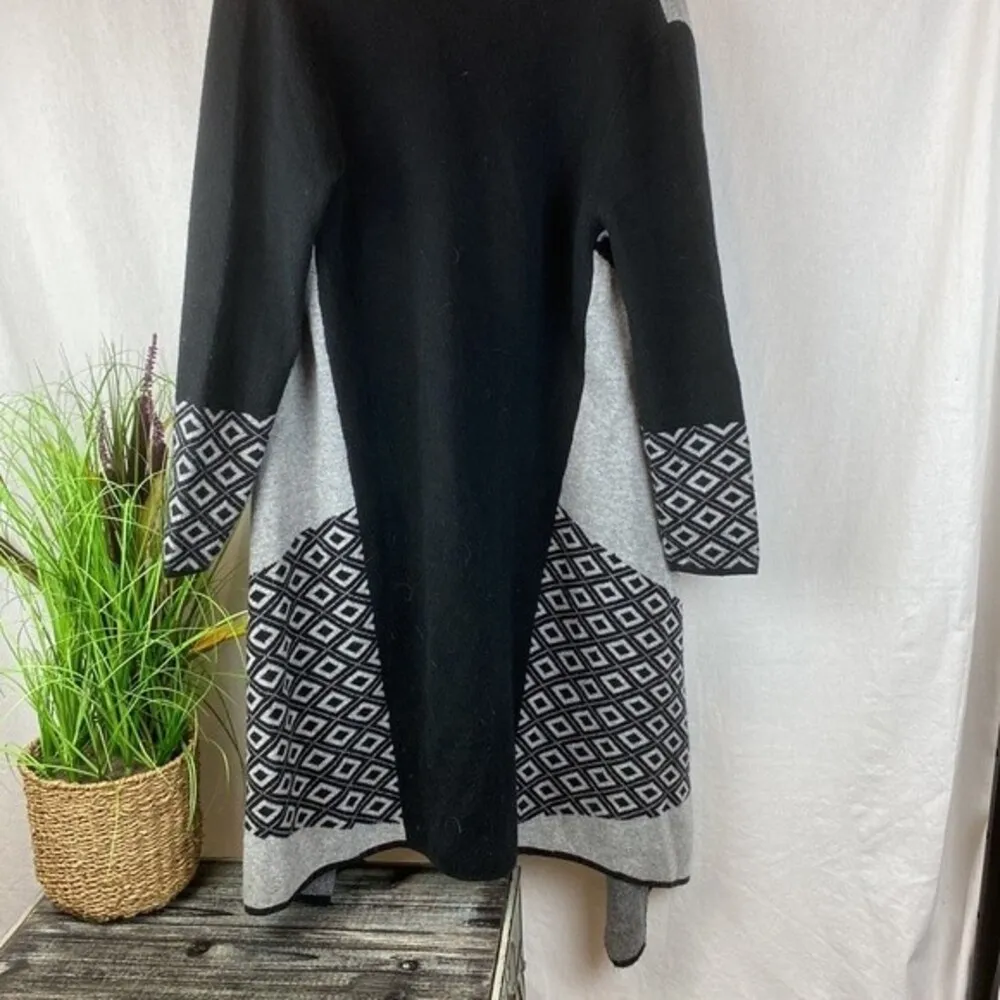 Gray & Black Print Open Front Asymmetric Waterfall Knit Duster Sweater S - Image 2