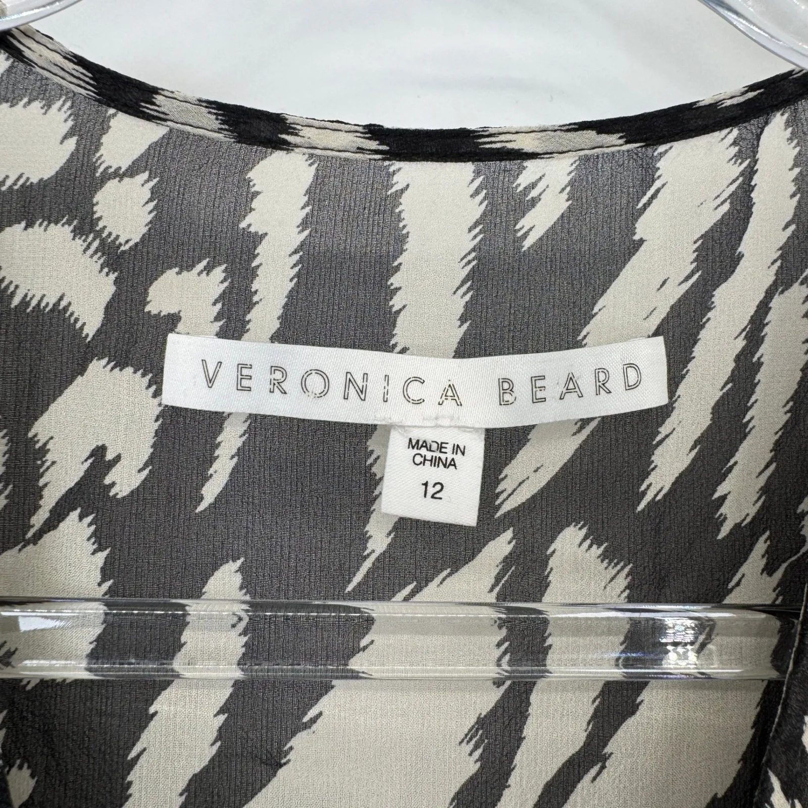 VERONICA BEARD Kiran Ruched Long Sleeve Flounce Dress Womens 12 Black White Silk - Image 8