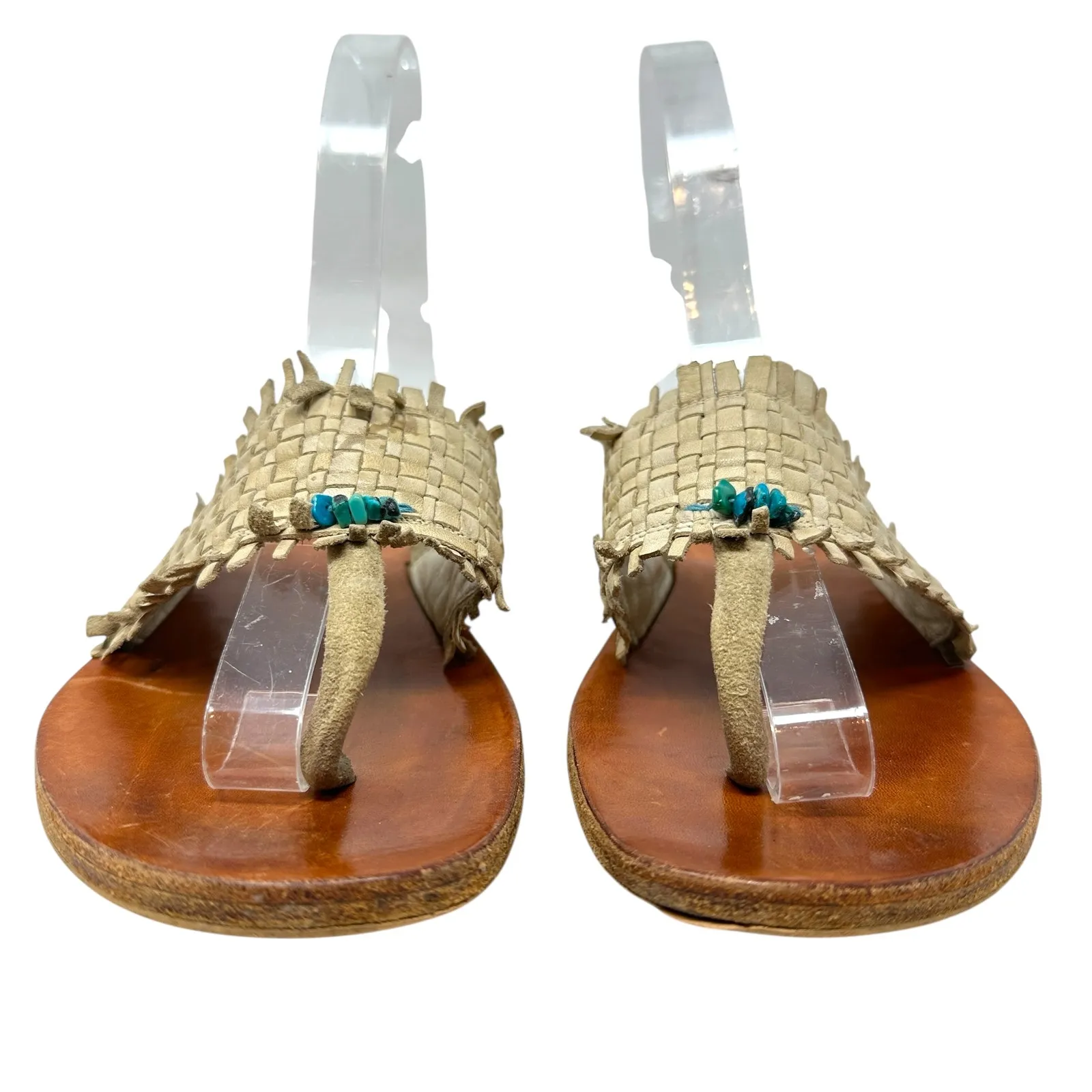 Henry Cuir Slide Sandals‎ Leather Woven Rattan Beaded Tan Brown Size 38 US 8 - Image 2