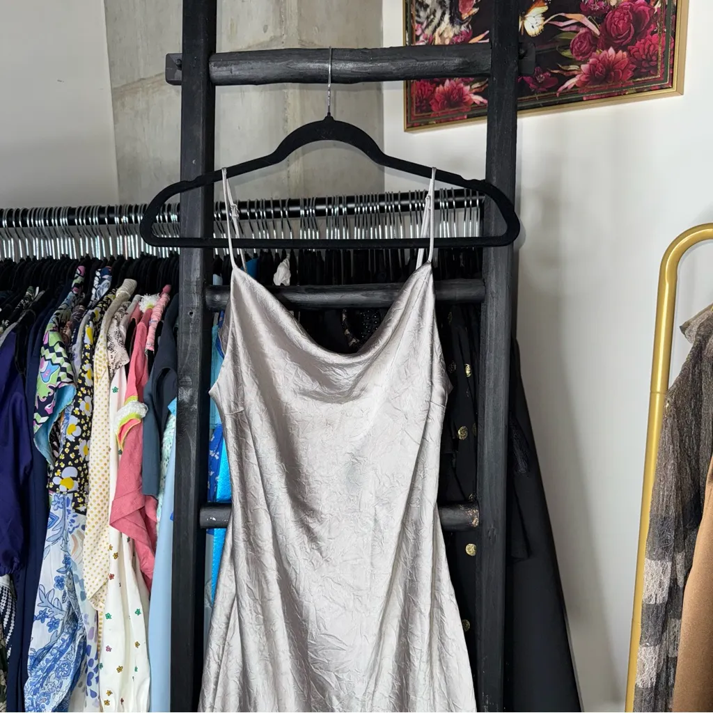 Just Female Rich Dress Paloma Silver Satin Slip Midi Size L - Image 9