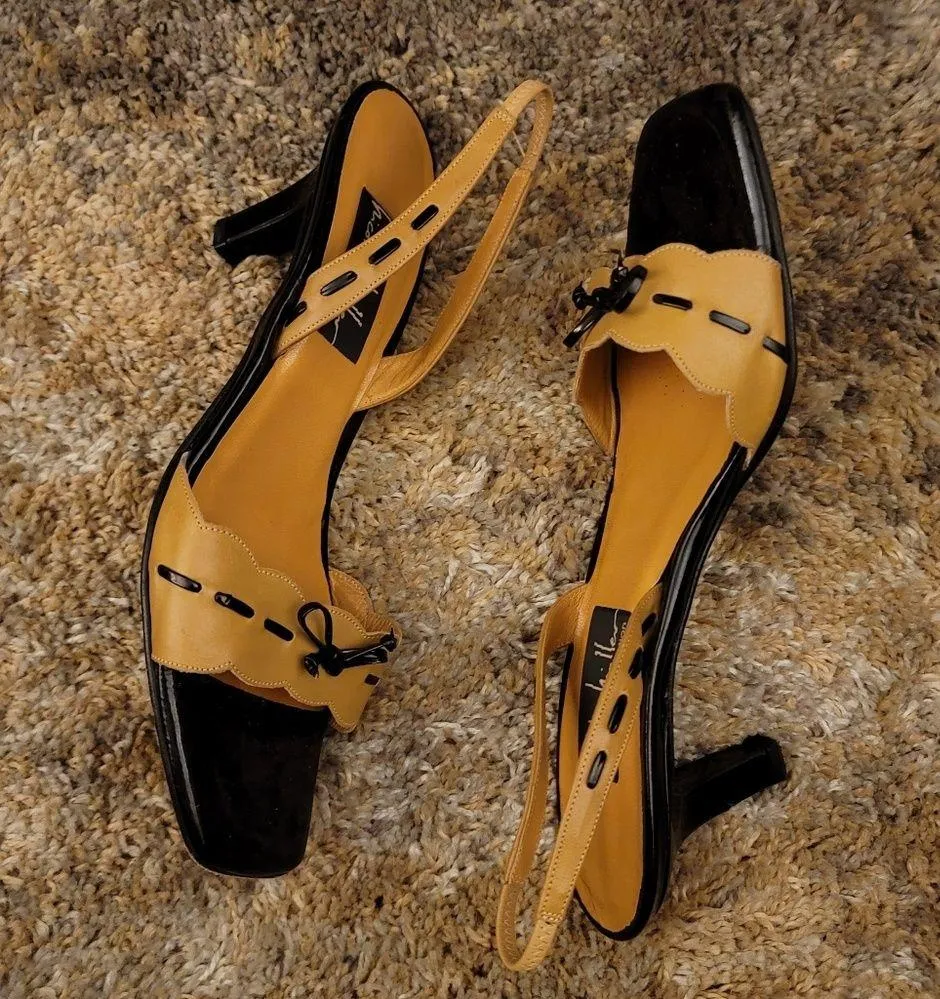 🔥SALE🔥Nicole Miller Tan Black Open Toe Sling Back Heeled Sandals 9 - Image 7