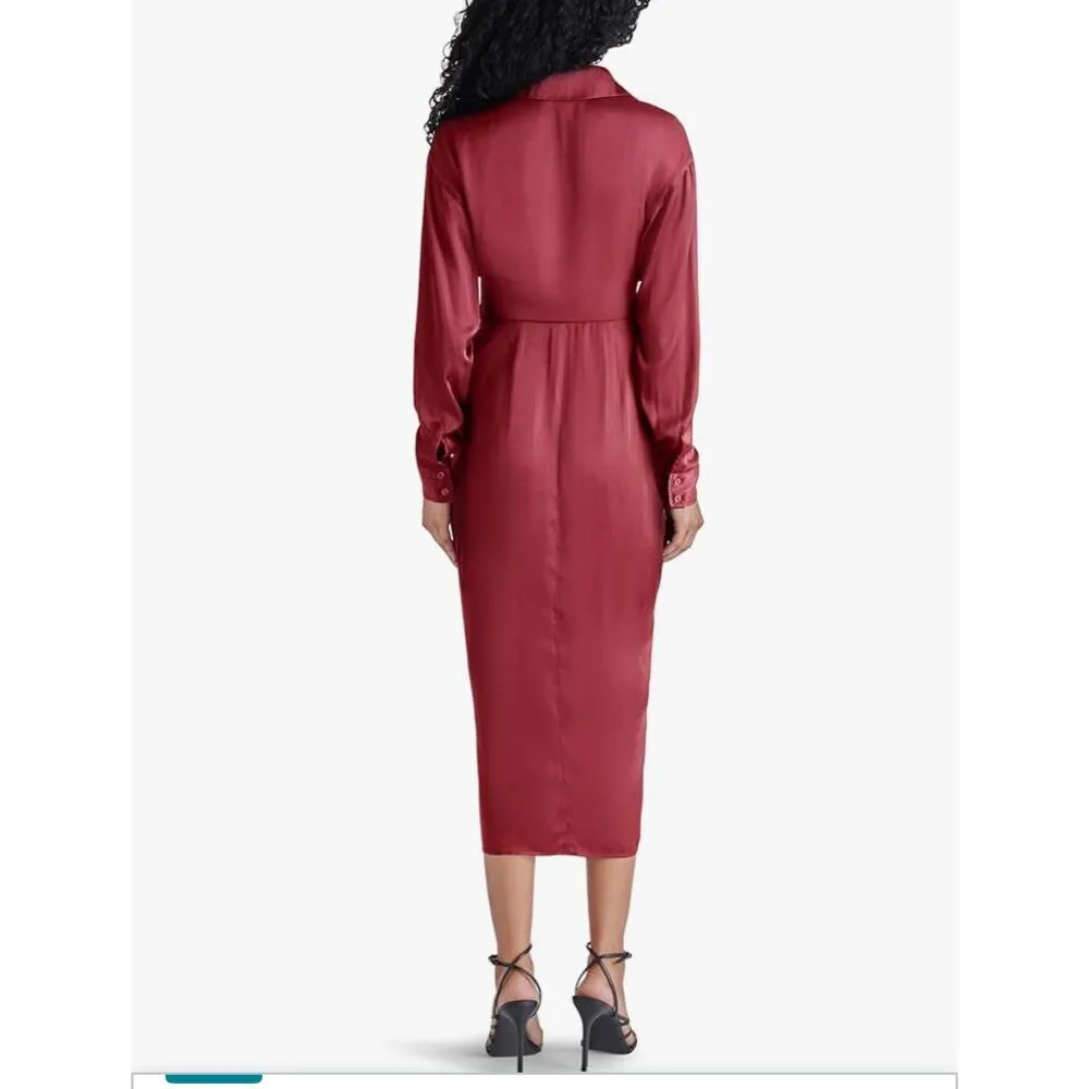 Steve Madden Sula Tie Front Satin Long Sleeve Dress in Windsor Wine Size 2 - Image 4