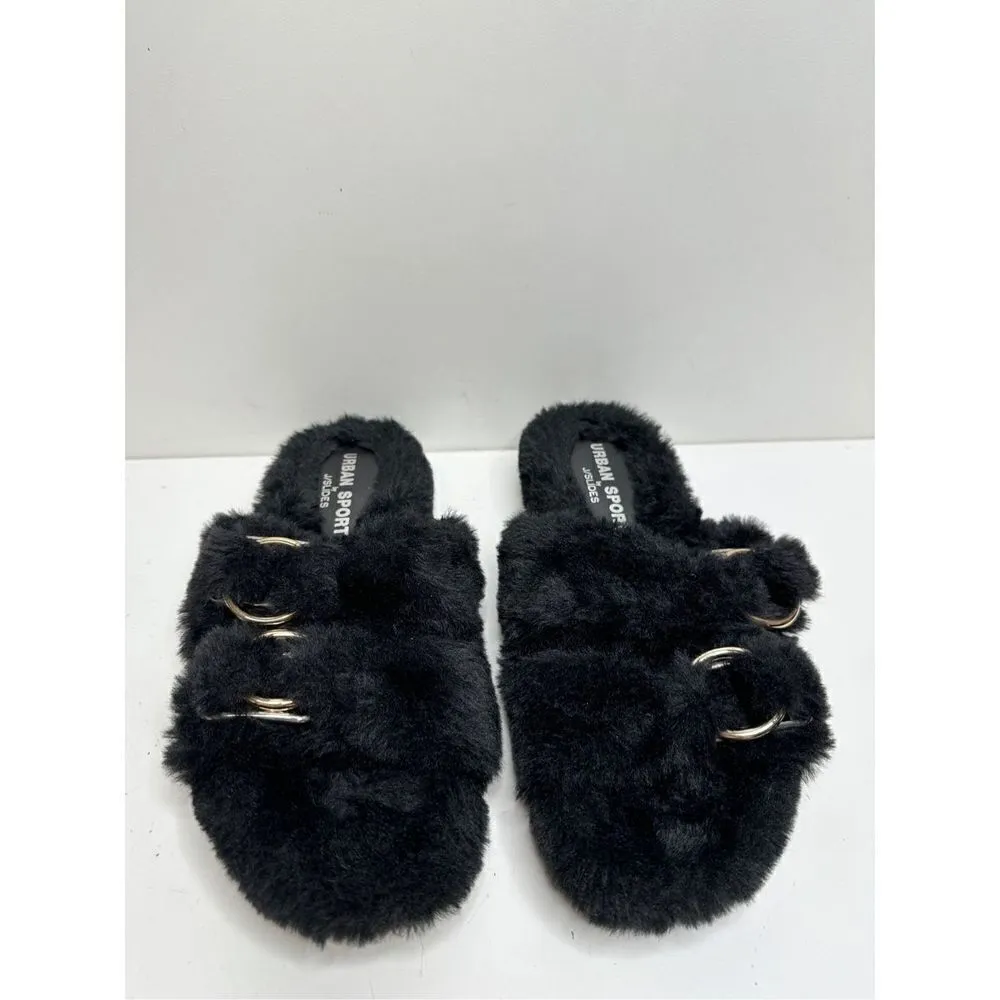 Urban Sports by J/Slides Slippers Womens Size 7 Black Faux Fur Slip On Shoes - Image 5