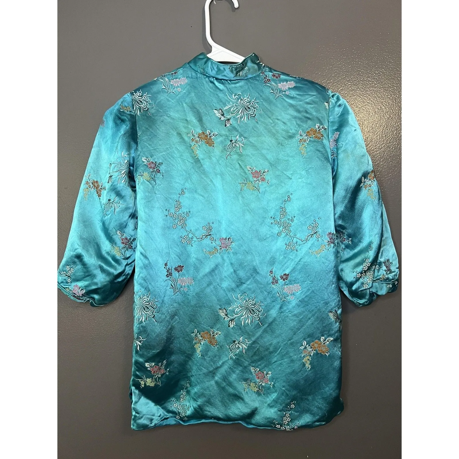 Vintage Great Lion Jacket Womens XS Teal Silk Embroidered Mandarin Hong Kong 60s Blue - Image 9