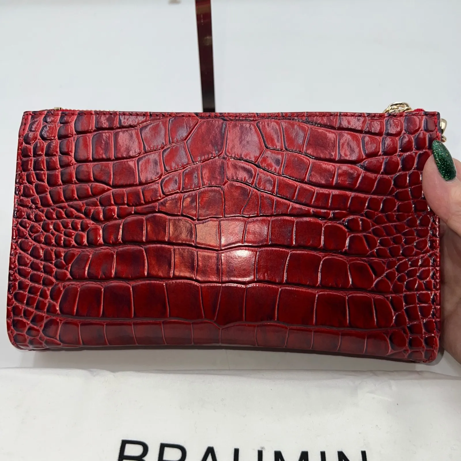 Brahmin Crimson Red Croc Embossed Leather Wristlet Clutch Pouch Bag - Image 12