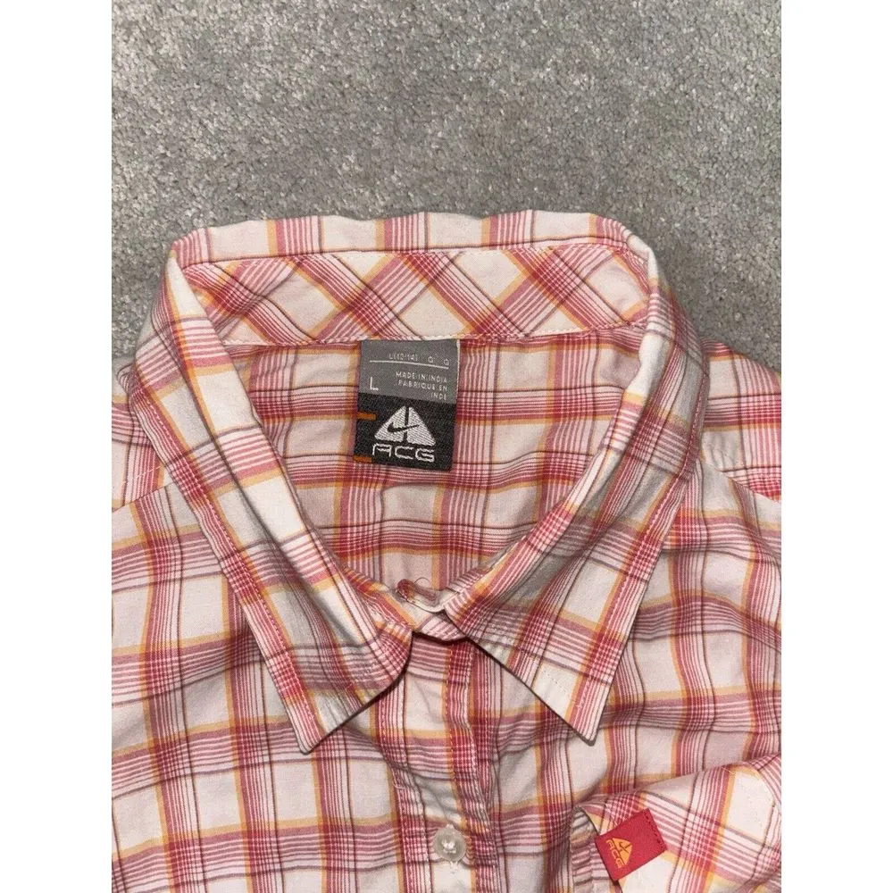 Vtg Nike ACG Ladies L, S/S Button Up Blouse Pink/Orange/White Plaid Pink Size L - Image 3