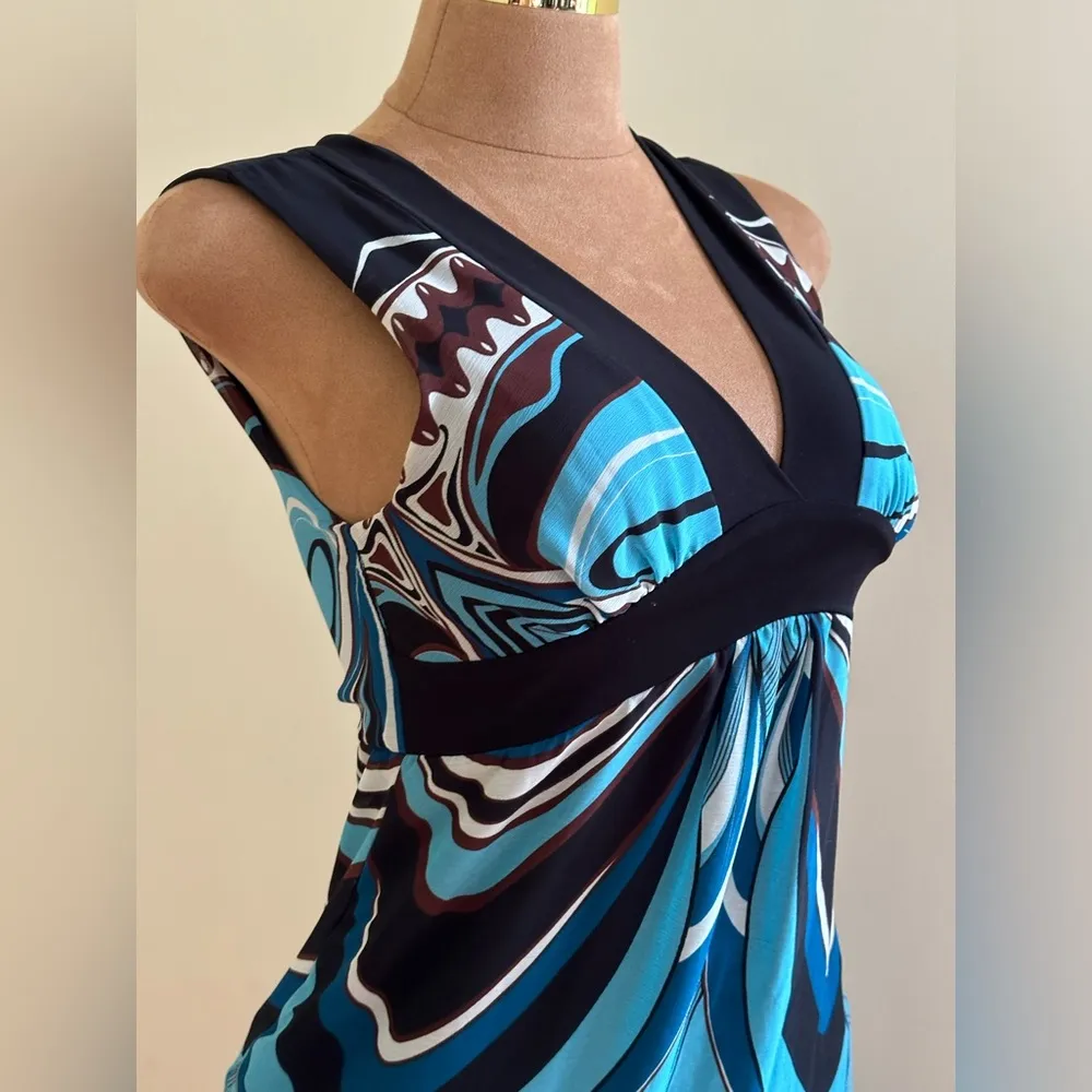 Lucy & Laurel Blue Black Brown White Geometric Halter Top Dress Sz 8 Zip On Side - Image 5