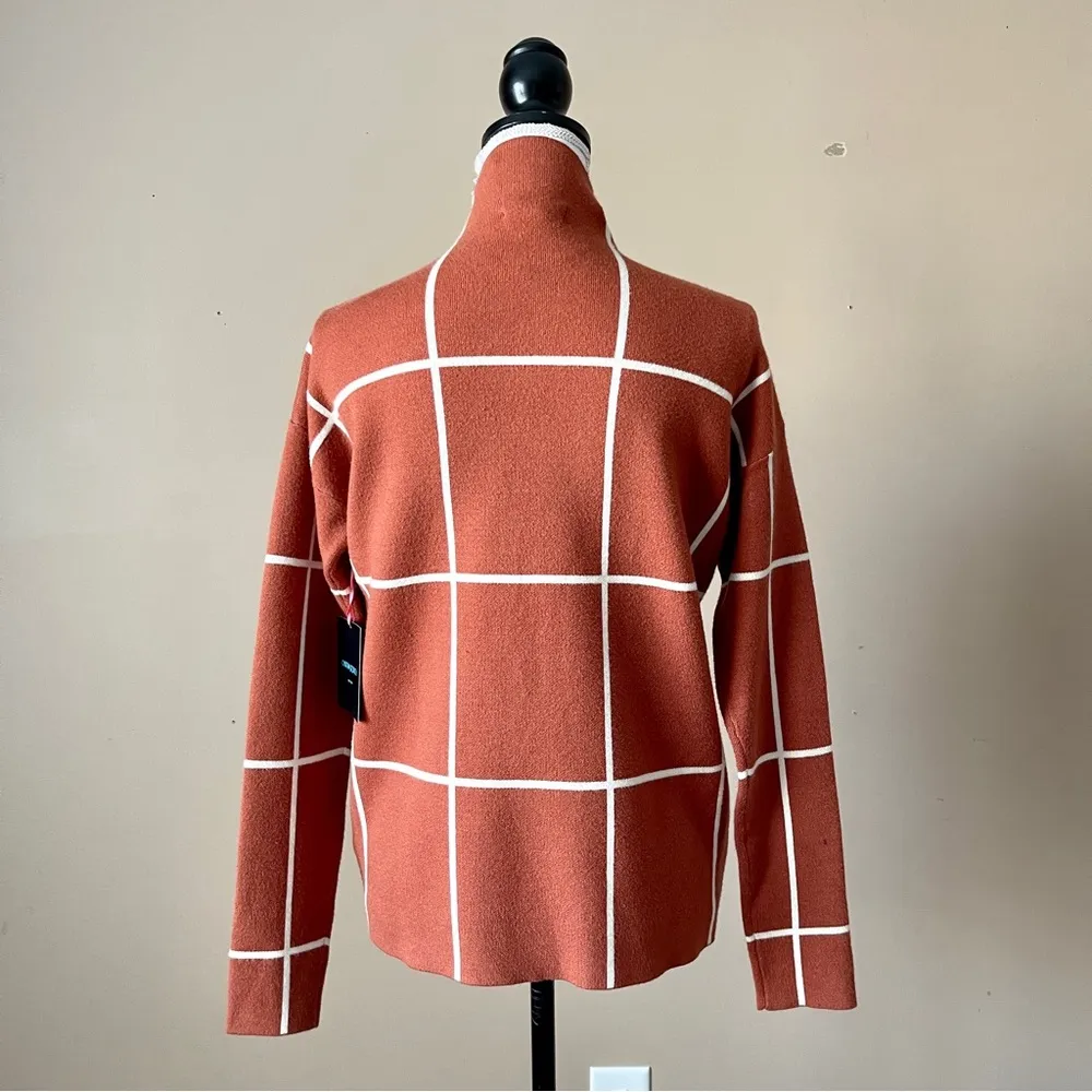 CYNTHIA ROWLEY | Rust Windowpane Plaid Mock Neck Knit Sweater Sz S - Image 5