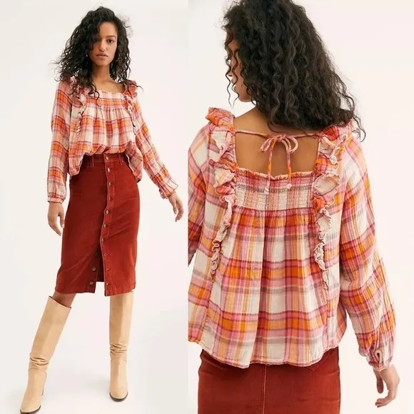 Free People • Siena Plaid Pullover top blouse orange pink smocked peasant - Image 2