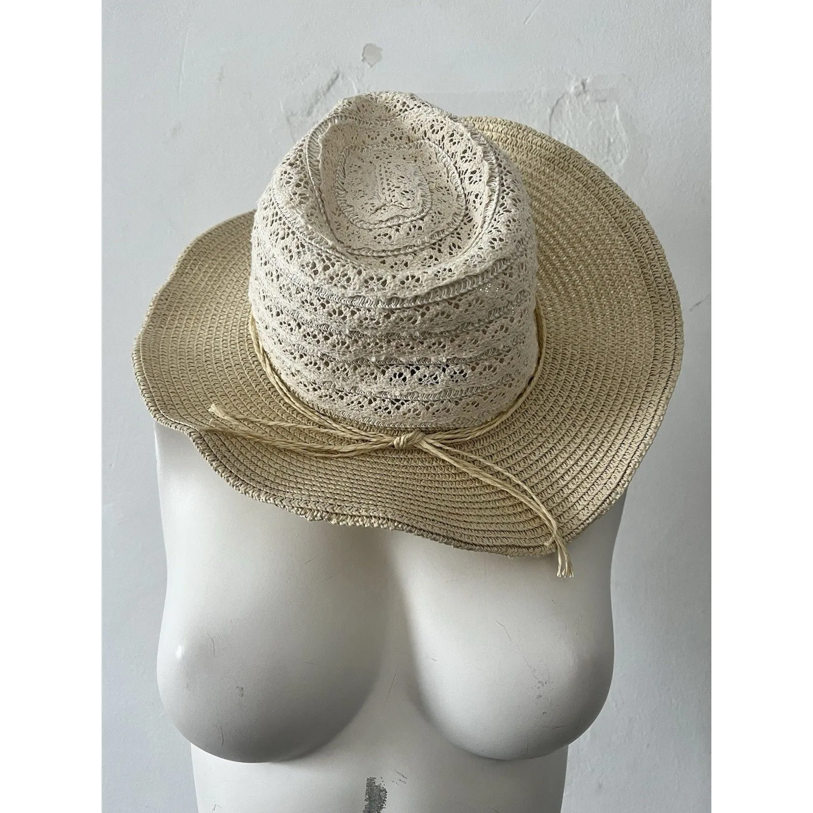 Jane + Berry Boho Western Cream Straw Cowboy Hat Lace Dollie Pattern With Ties - Image 2