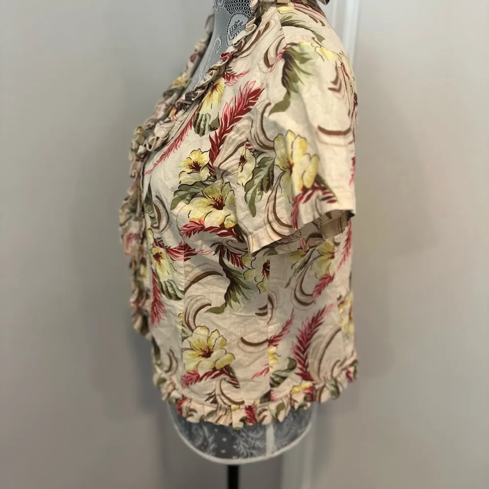 Oscar de la Renta linen Blend Sz: L Hawaiian Floral ruffled Lightweight Blouse. - Image 10