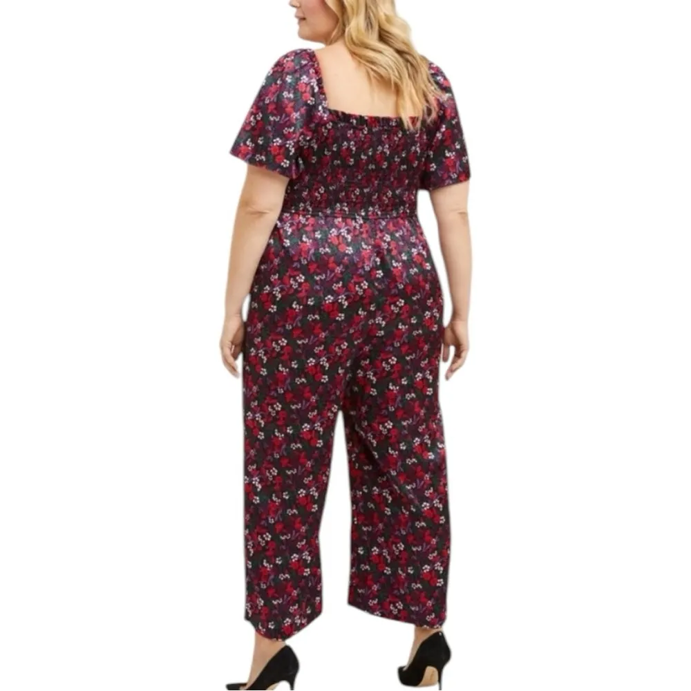 Draper James New Jumpsuit Smocked Square Neck Black Red Floral Women’s Size XXL - Image 2