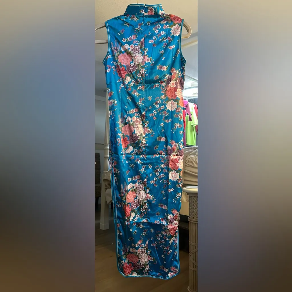 NEW Slim Fit Asian Chinese cheongsam Flower Side Slit Long Dress Embroidery M Blue Size M - Image 5